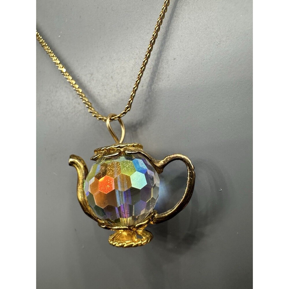 Crystal Teapot Pendant Gold Tone Necklace AB 20”